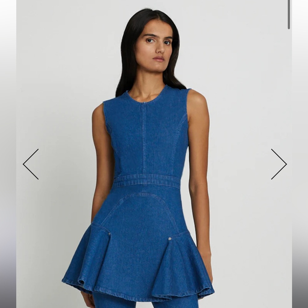 7 For All Mankind Denim Flounce Mini Dress in Medium Wash Blue Denim Size Small - Picture 2 of 6